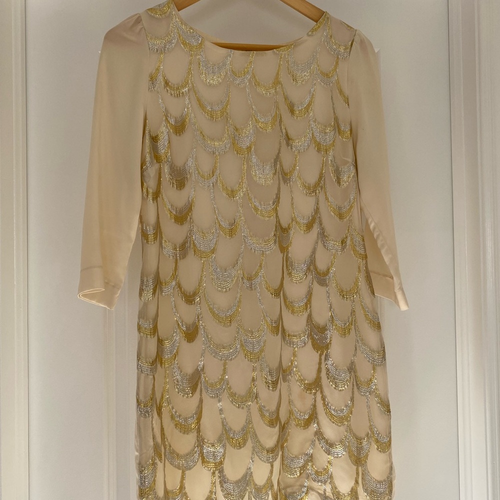 3/4 Sleeve Mini Dress - Cream, Silver and Gold/S